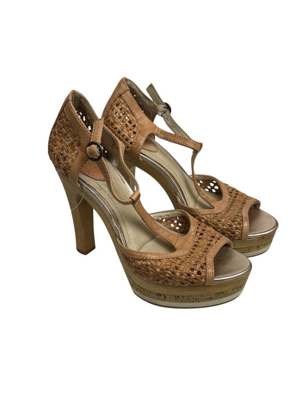 Frye Kara Woven T Strap Cork Platform Wooden Heel Sandal Womens 7M Leather Upper